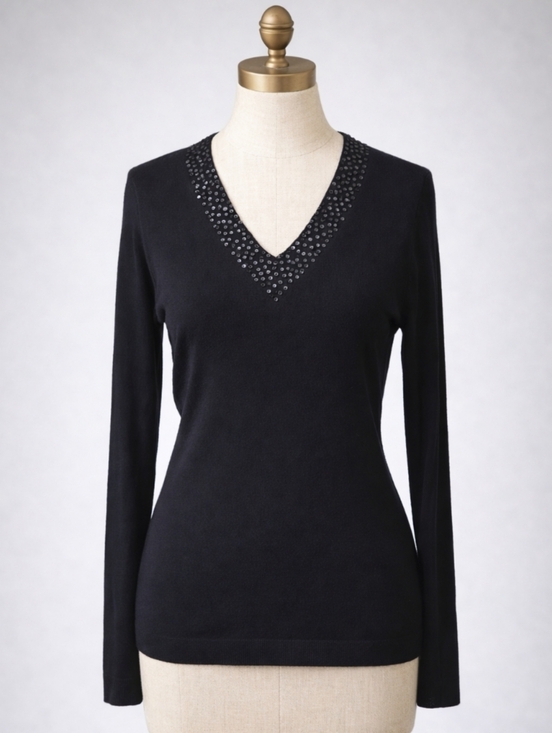 Lands' End Sweaters - LANDS' END Black Cashmere Wool Sweater – Sequined V‑Neck | EXTRA SMALL